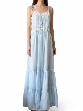 Vintage 70s Candi Jones California Baby Blue Tiered Prairie Maxi Dress XS size 5